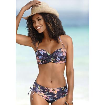 Bügel-Bandeau-Bikini-Top LASCANA "Malia", Damen, Gr. 38, Cup A, grau (anthrazit, bedruckt), Microfaser, Polyamid, Microfaser, bedruckt, floral, Bikini-Oberteile, mit tropischem Print Image