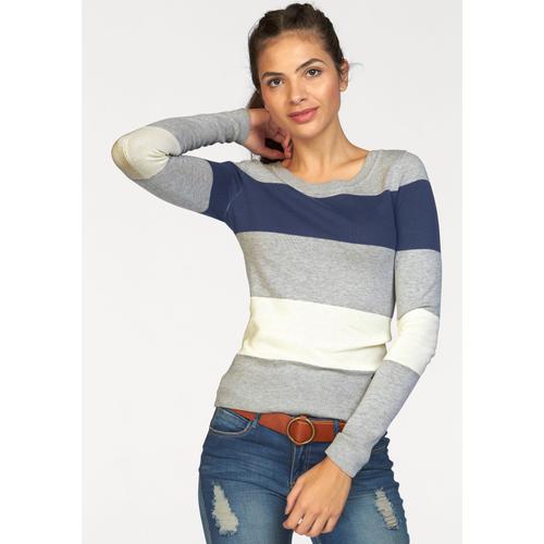 Rundhalspullover AJC Gr. 32/34 (XS), bunt (grau-jeansblau-weiß-gestreift) Damen Pullover mit breiten Block-Streifen