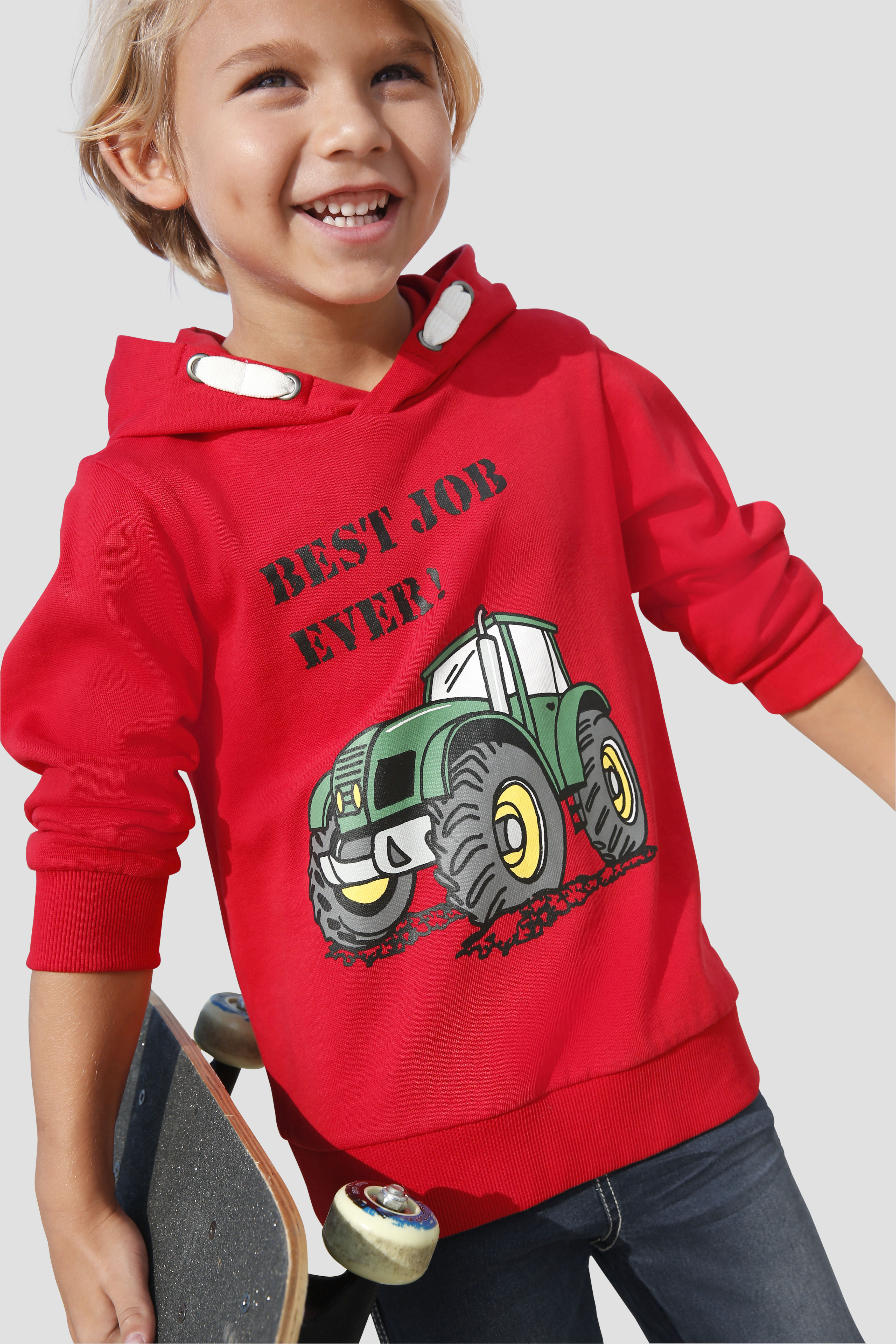 Kapuzensweatshirt KIDSWORLD "BEST JOB EVER", Jungen, Gr. 104/110, rot, angeraute Sweatware, Obermaterial: 100% Baumwolle. Kapuzenfutter: 100% Baumwolle, bedruckt, Basic, Bündchen, Sweatshirts, Kapuzensweatshirt mit Traktor-Print