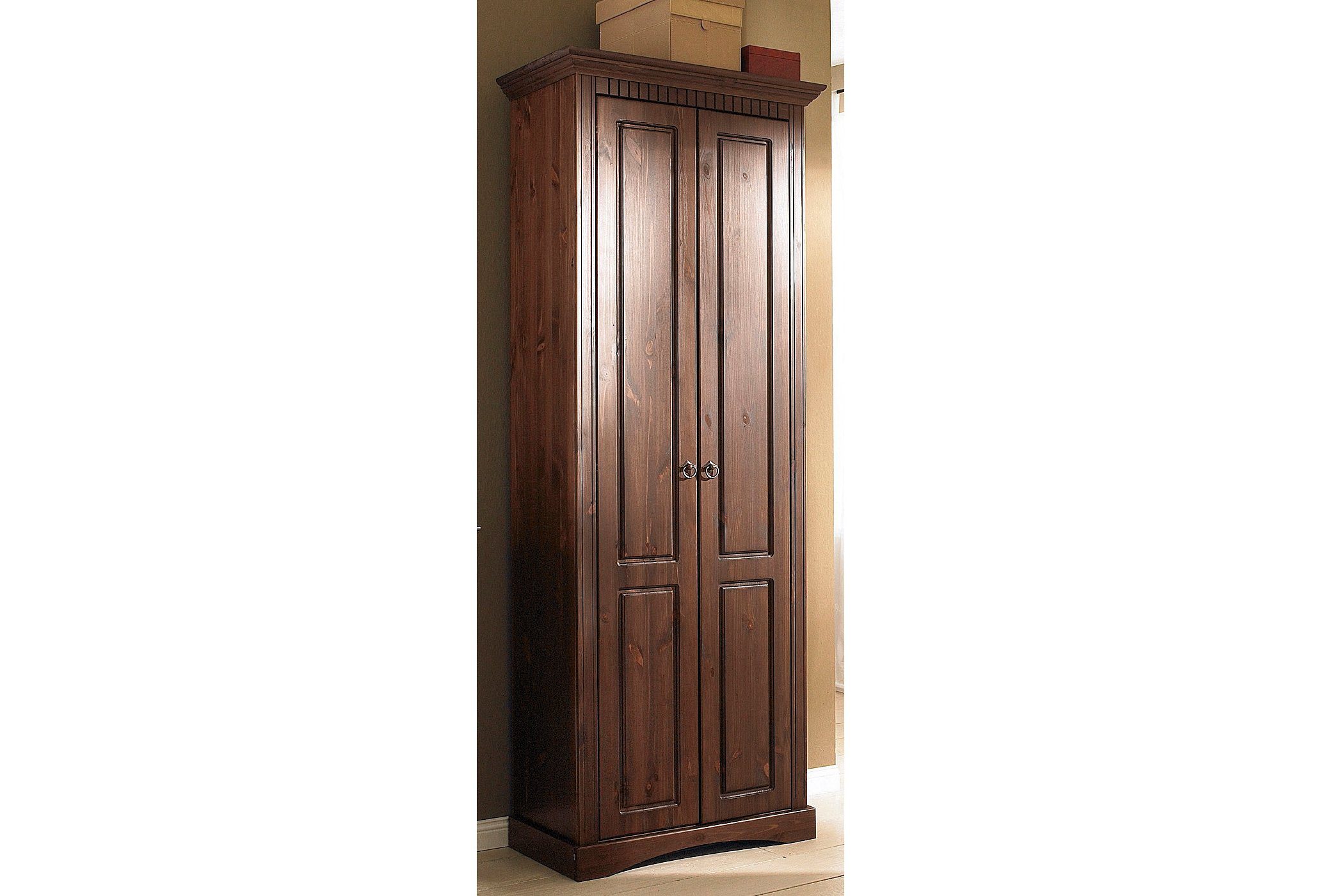 Garderobenschrank OTTO HOME "Rustic", braun (dunkelbraun gebeizt), B:71cm H:187cm T:38cm, Massivholz, Schränke, Garderobenschrank, aus massiver Kiefer, Breite 71 cm, mit Kassetenoptik Image
