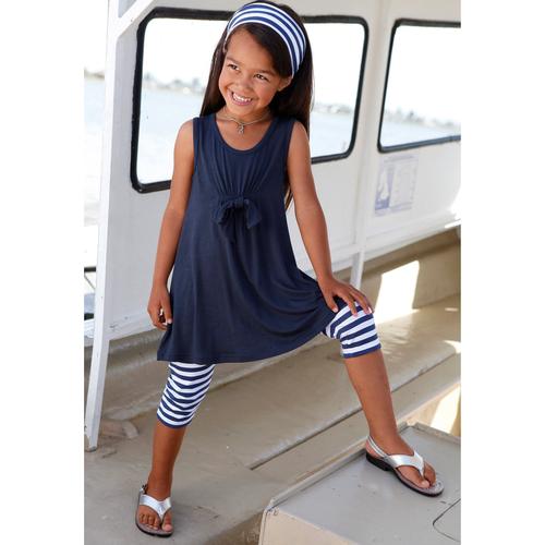 Kleid, Leggings & Haarband KIDSWORLD Gr. 92/98, blau (marine, weiß) Mädchen KOB Set-Artikel Spar-Sets Capri und Haarband maritim geringelt