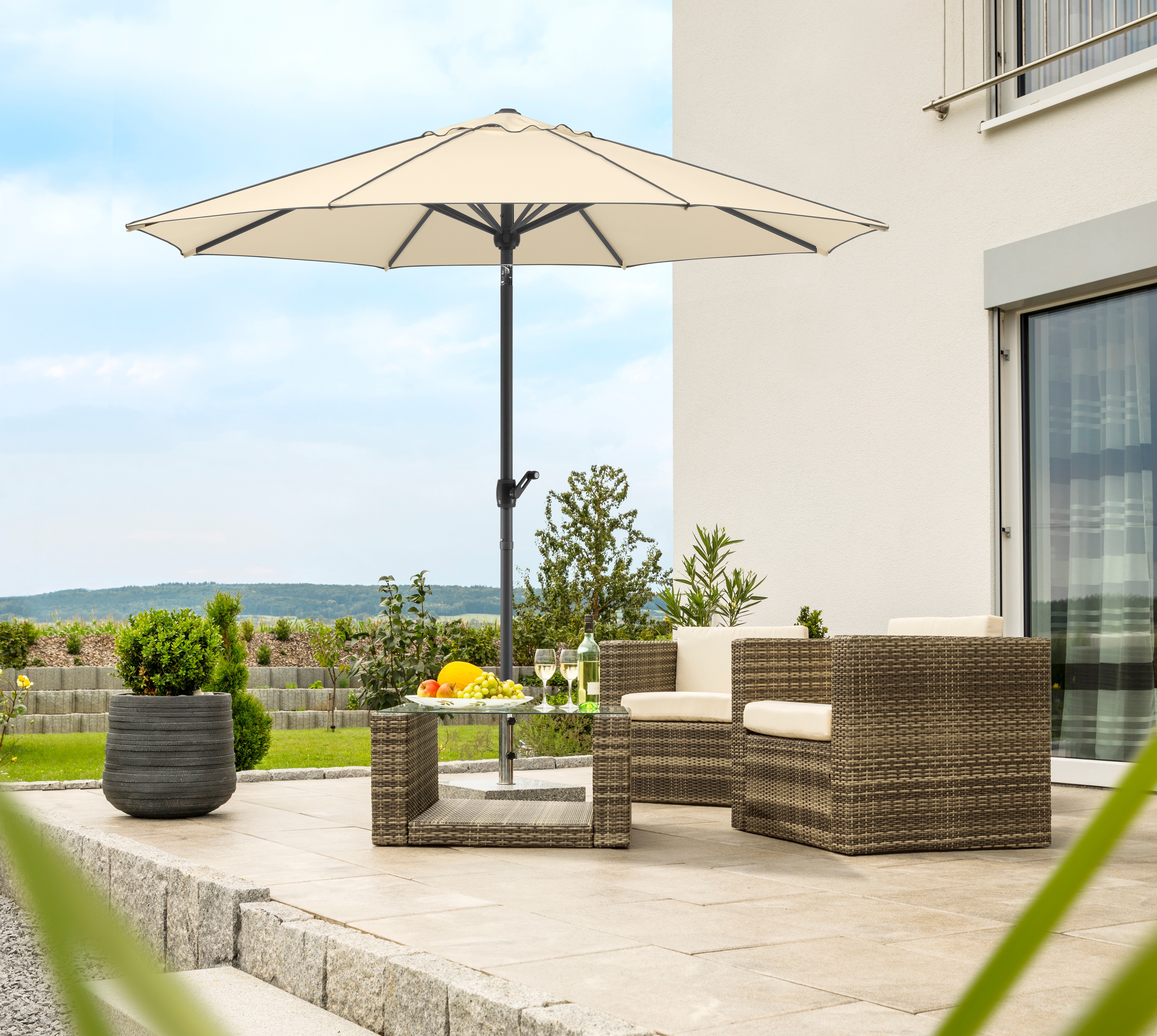 Sonnenschirm SCHNEIDER SCHIRME "Adria", beige (natur), Obermaterial: 100% Polyester, Standschirme, abknickbar, ohne Schirmständer