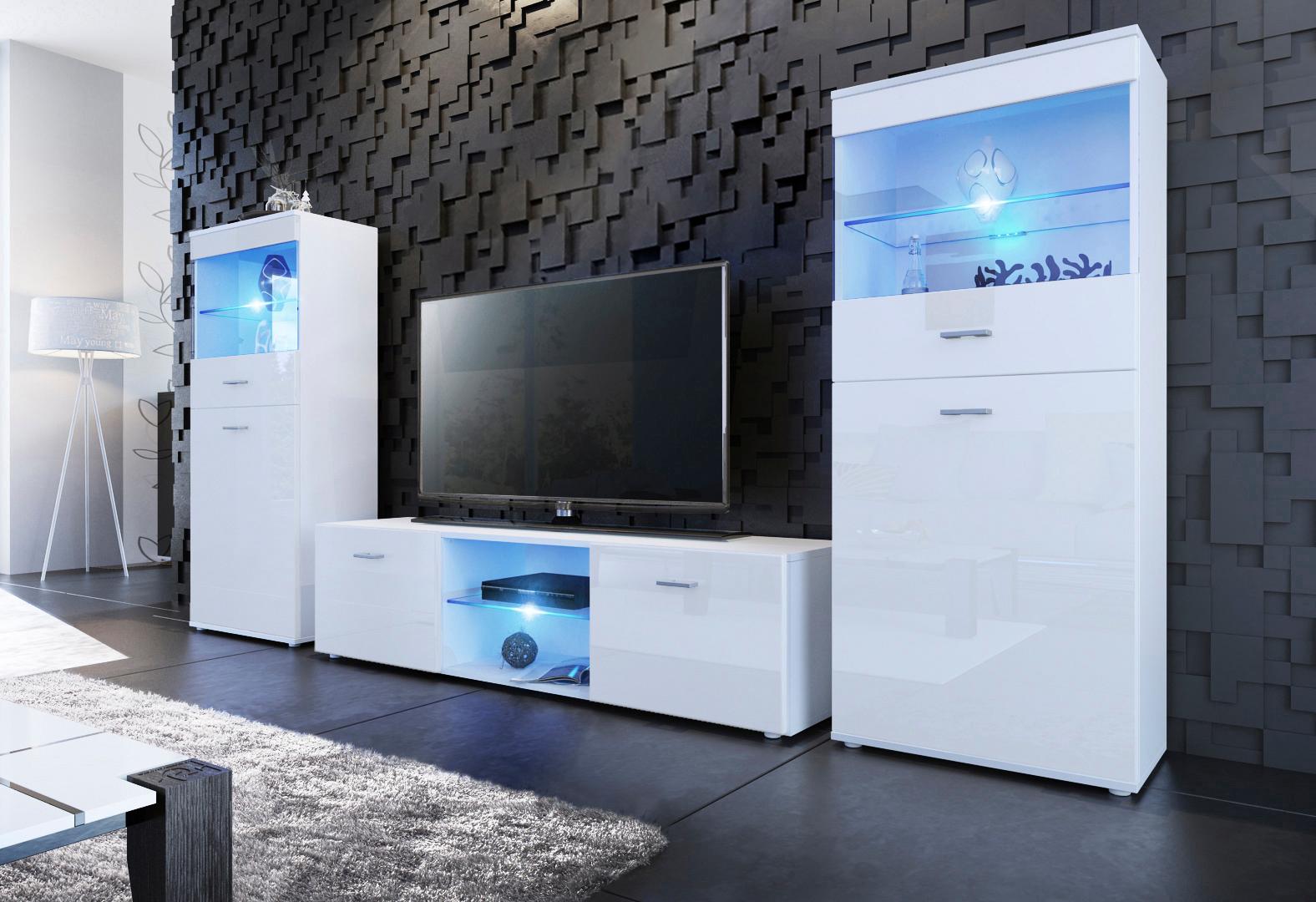 Wohnwand BORCHARDT MÖBEL "Scala", weiß (weiß hochglanz), Ohne Push to open, Kastenmöbel-Sets, Wohnwand, 3-tlg.