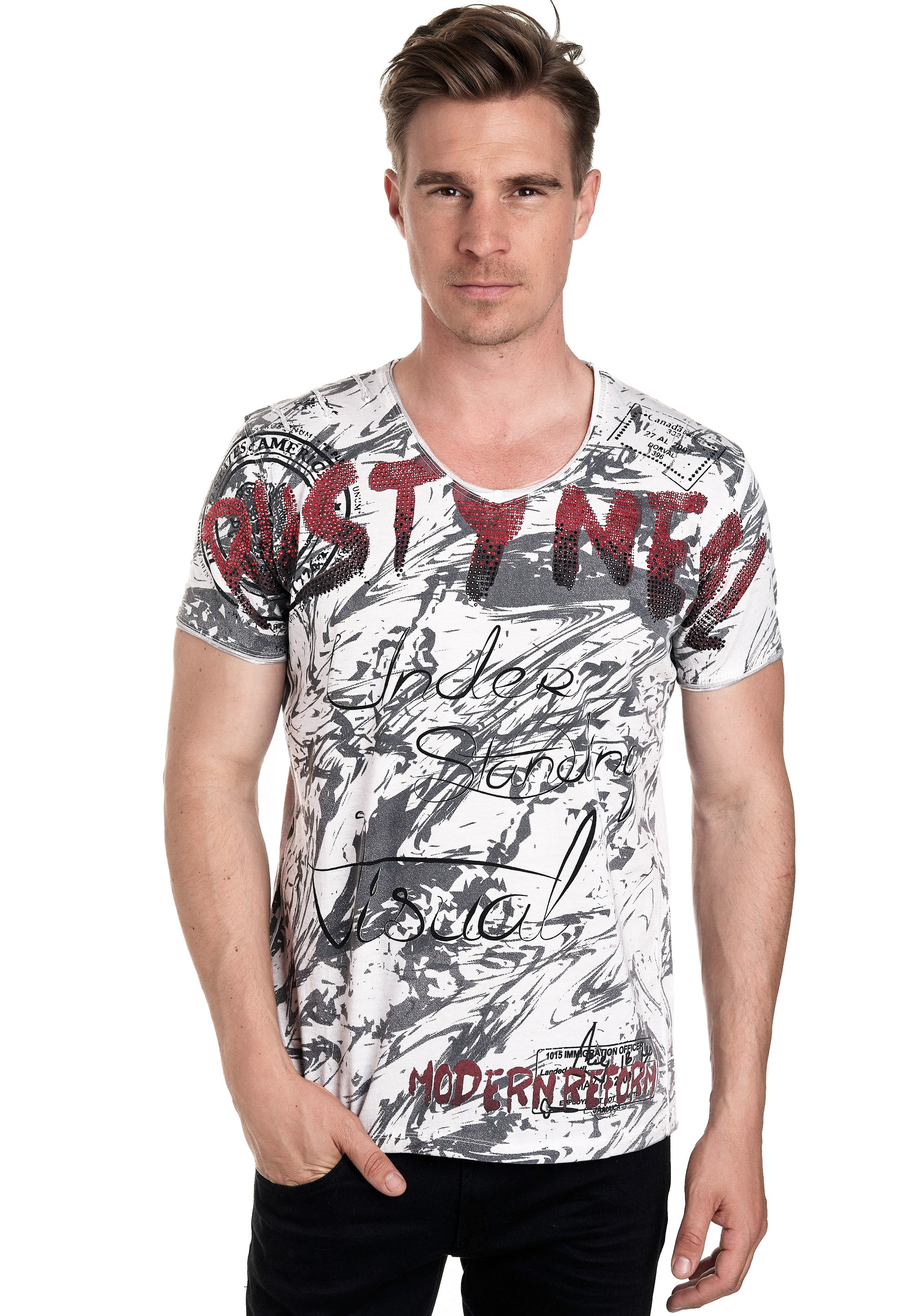 T-Shirt RUSTY NEAL, Herren, Gr. L, grau, 100% Baumwolle, bedruckt, normal, V-Ausschnitt, Shirts, mit aufwendigem Strass-Design Image