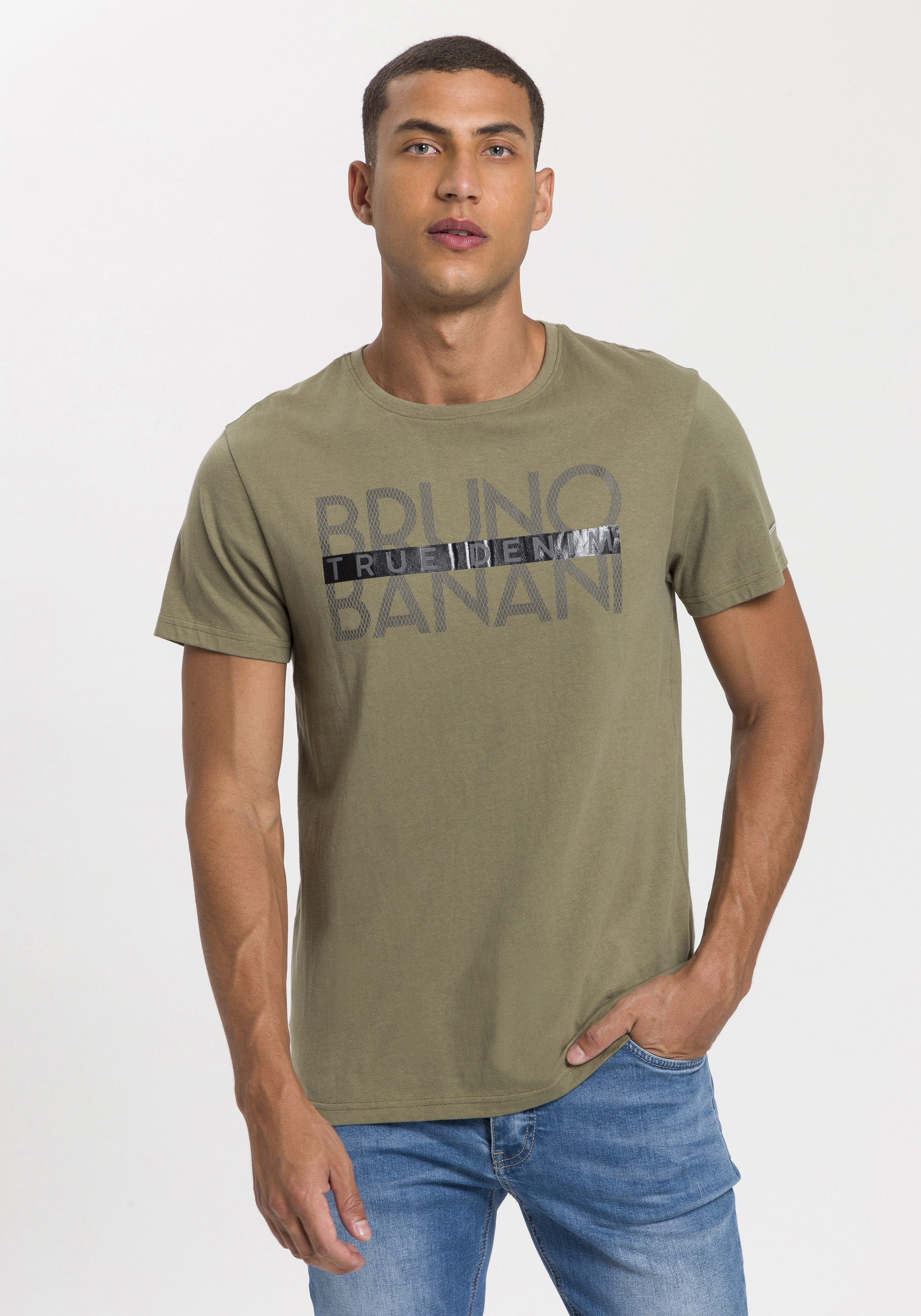 T-Shirt BRUNO BANANI, Herren, Gr. L (52/54), grün (khaki), Single Jersey, Obermaterial: 100% Baumwolle, bedruckt, schmal, Rundhals, Shirts T-Shirt, kurzärmelig, schmal geschnitten, bedruckt, aus Baumwolle