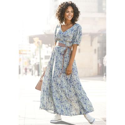 Maxikleid BUFFALO, Damen, Gr. 36, N-Gr, blau (blau, bedruckt), Web, Obermaterial: 100% Viskose, bedruckt, geblümt, modisch, figurbetont bodenlang, tiefer V-Ausschnitt, Kurzarm Puffärmel mit Gummizug, Kleider, mit zartem Blumendruck und V-Ausschnitt,... Image