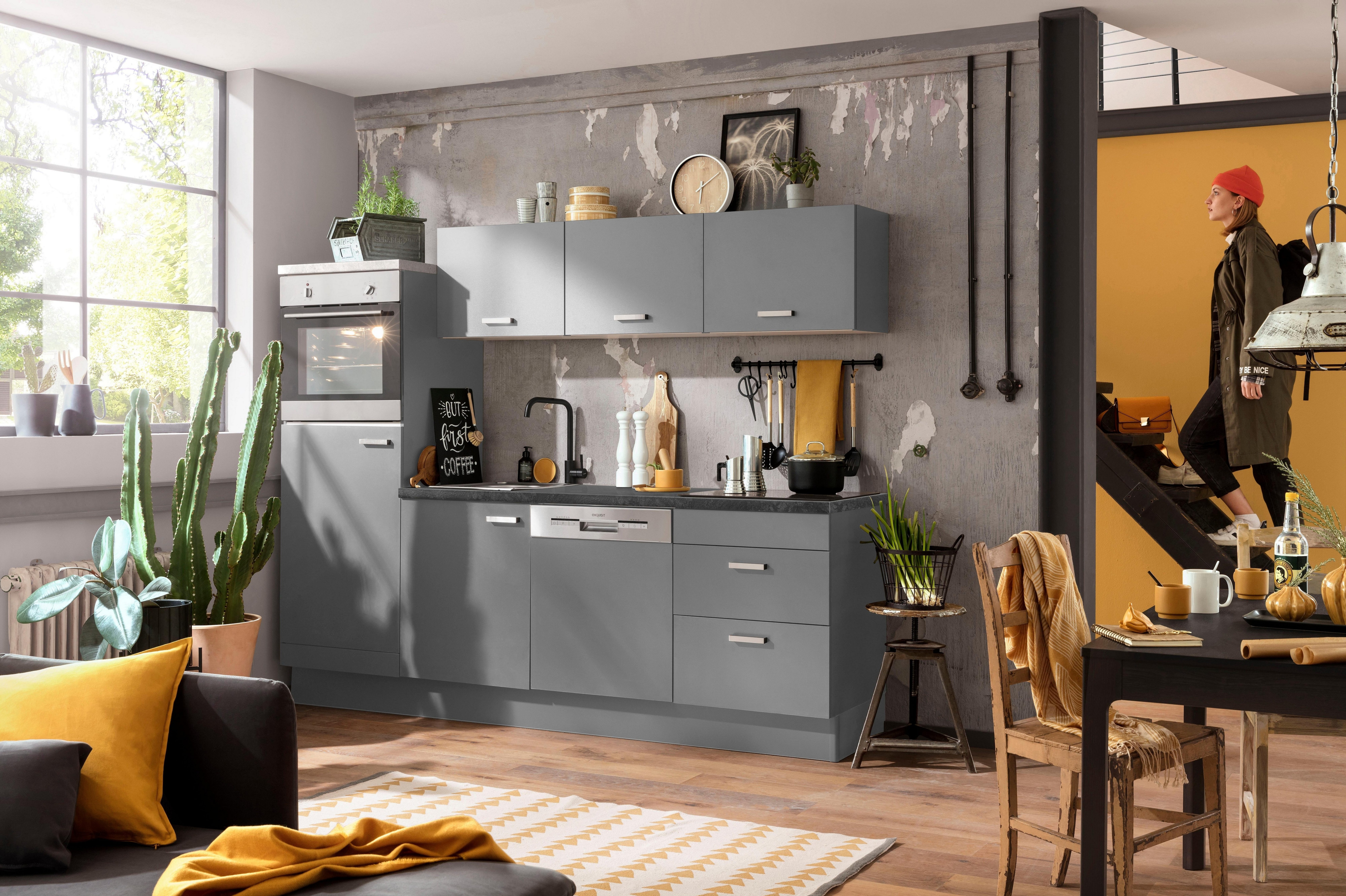 Küchenzeile OPTIFIT "Parma", grau (küche: grau, korpus: basaltgrau, arbeitsplatte: granit schwarz), B:240cm T:60cm, Komplettküchen-Sets, Küchenzeile, ohne E-Geräte, Breite 240 cm