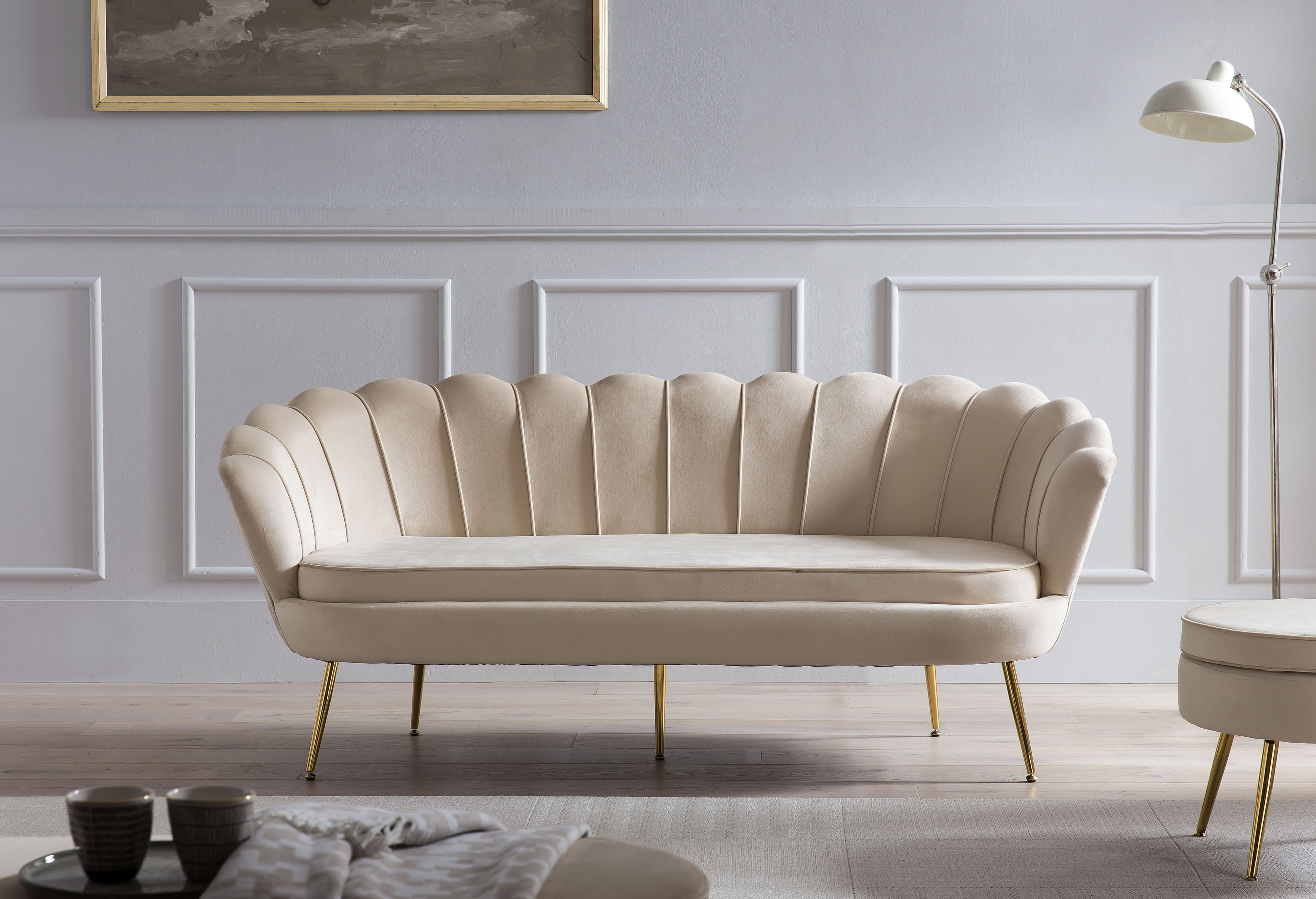 3-Sitzer SALESFEVER "Clam Komfortsofa", beige, B:180cm H:78cm T:76cm, Samtvelours (100% Polyester), Sofas, Extravagantes Muscheldesign: 180 cm Breite