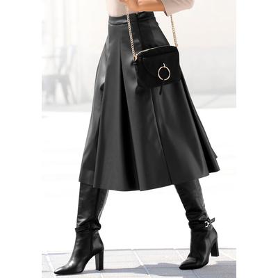 Lederimitatrock LASCANA, Damen, Gr. 44, schwarz, Stoff, Obermaterial: 100% Polyester. Beschichtung: 100% Polyurethan, unifarben, modisch, figurumspielend kniebedeckend, Röcke, in Midilänge, hochgeschnittener Faltenrock, casual-chic Image