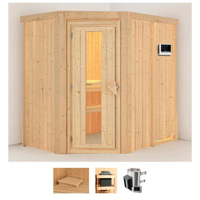 Sauna KARIBU "Swantje", beige (naturbelassen), Saunaofen, externe Steuerung, 3,6 kW, Saunen, 3,6-kW-Plug & Play Ofen mit externer Steuerung