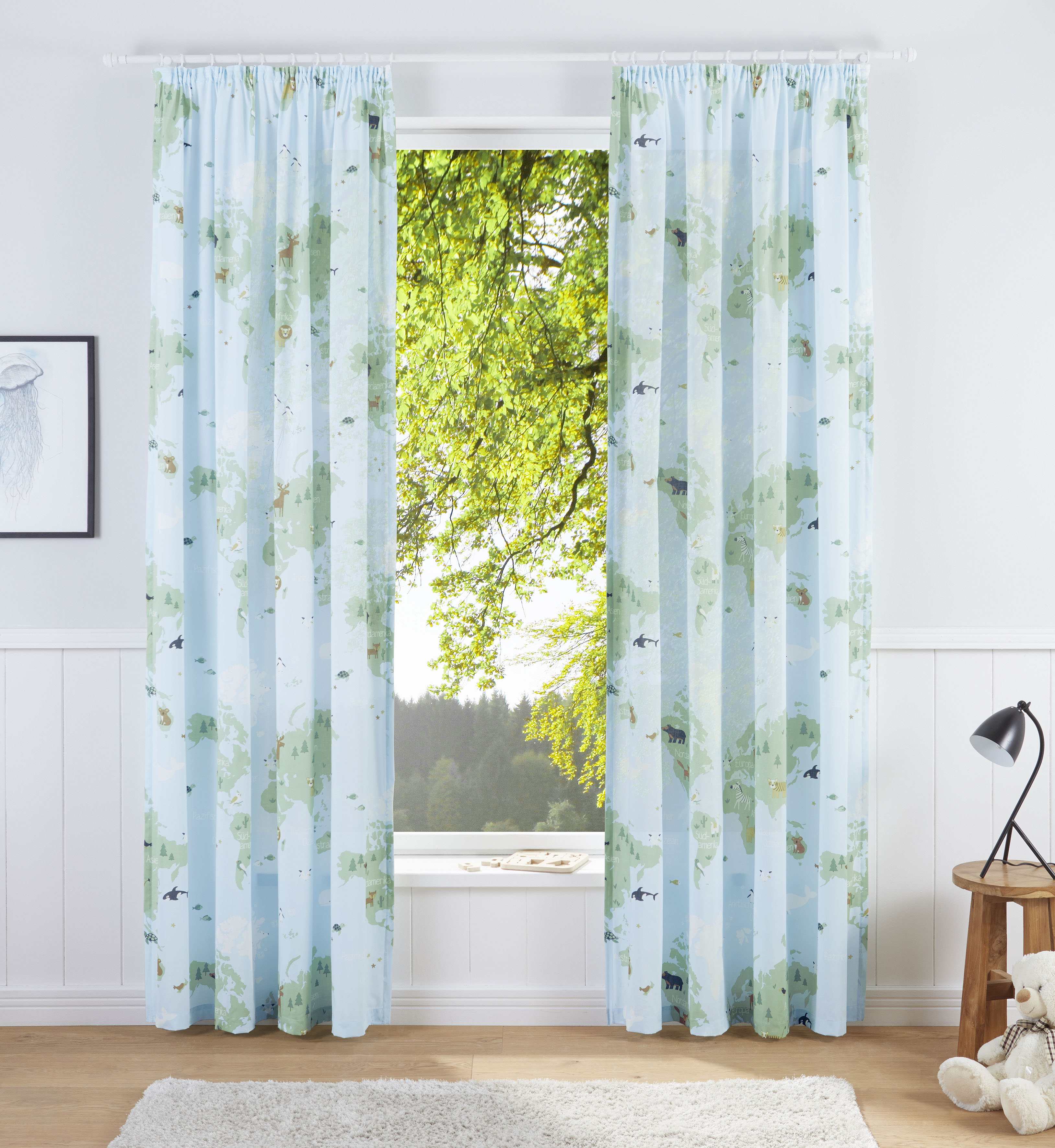 Vorhang MY HOME "Weltkarte" Gr. 4, blau (blau, grün), B:135cm H:245cm, Baumwolle (Bio-Baumwolle), Polyester, Gardinen, Kindergardine, bedruckt, halbtransparent, Tiere