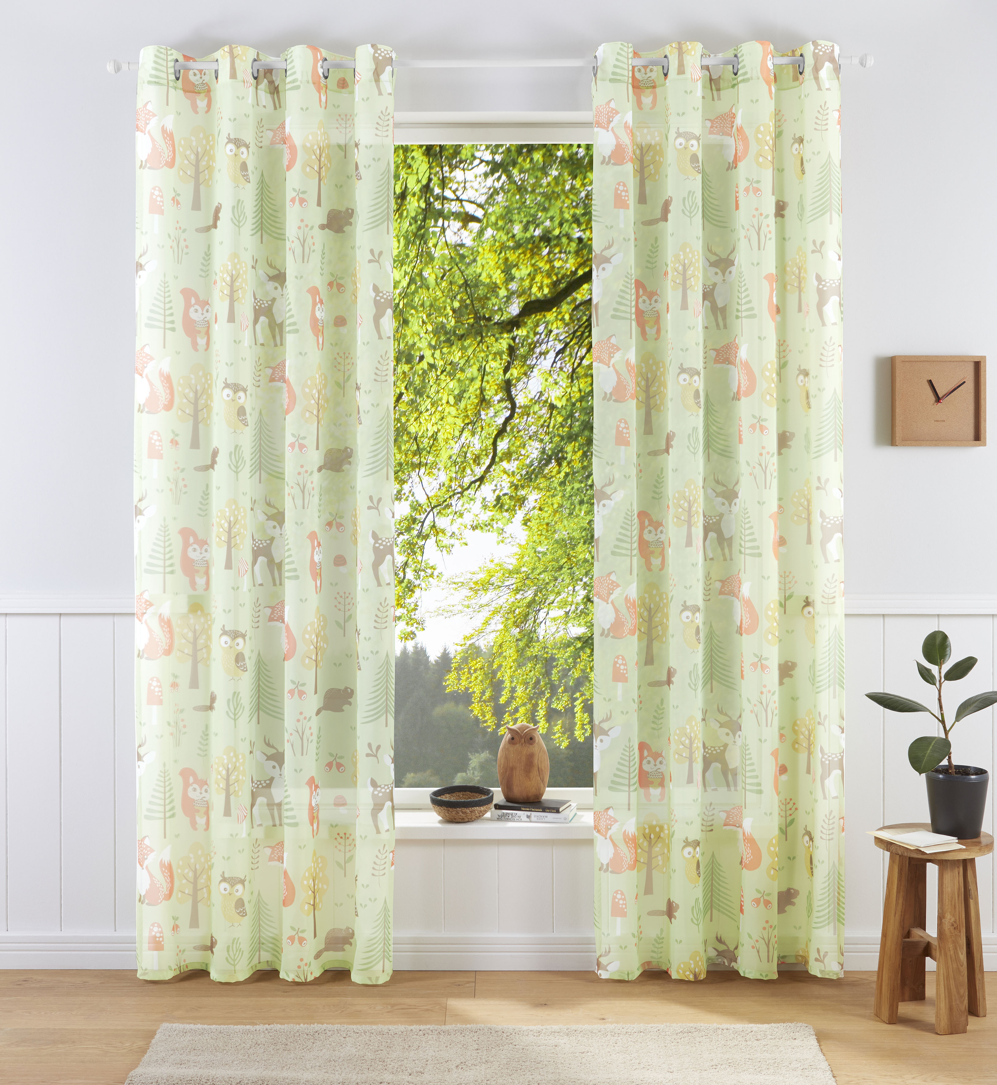 Gardine MY HOME "Waldtiere" Gr. 1, grün, B:140cm H:145cm, Voile, Polyester, Gardinen, Gardine, bedruckte Kindergardine, verschiedene Größen