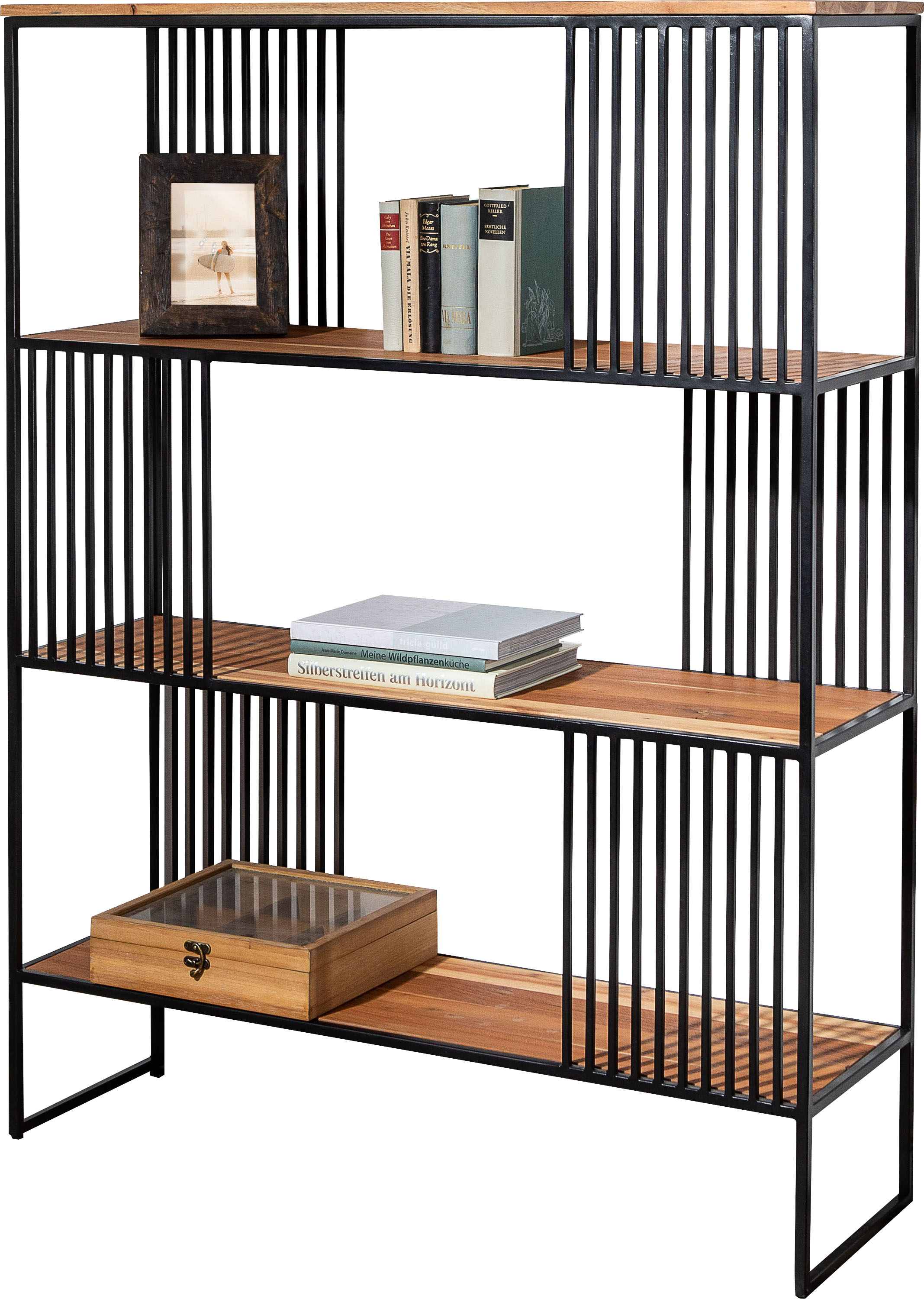 Regal GUTMANN FACTORY "Porto", schwarz (schwarz, natur), B:115cm H:150cm T:35cm, Massivholz, Metall, Regale, im Industrial Design