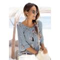 Carmenbluse LASCANA, Damen, Gr. 36, blau (marine, weiß, gestreift), Web, Obermaterial: 100% Viskose, bedruckt, modisch, figurumspielend hüftlang, Carmenausschnitt, 3/4-Ärmel Volant, Blusen, mit modischem Druck, Damenbluse, schulterfrei, casual