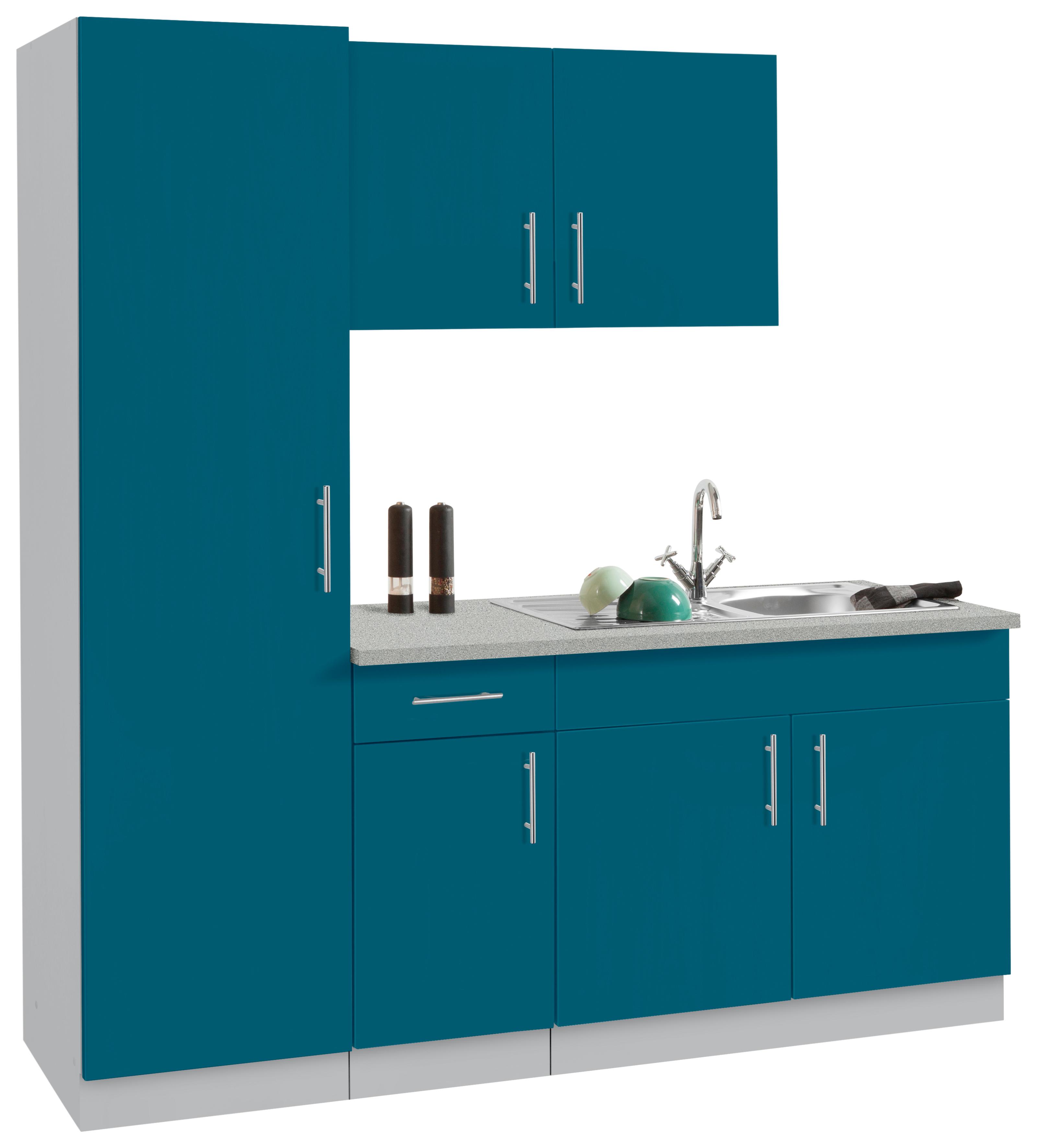 Küche WIHO KÜCHEN "Kiel", blau (küche: blau, front: ocean, korpus: steel grau farben, arbeitsplatte: canvas grau), B:190cm T:60cm, Komplettküchen-Sets, ohne E-Geräte, Breite 190 cm, Tiefe 60 cm