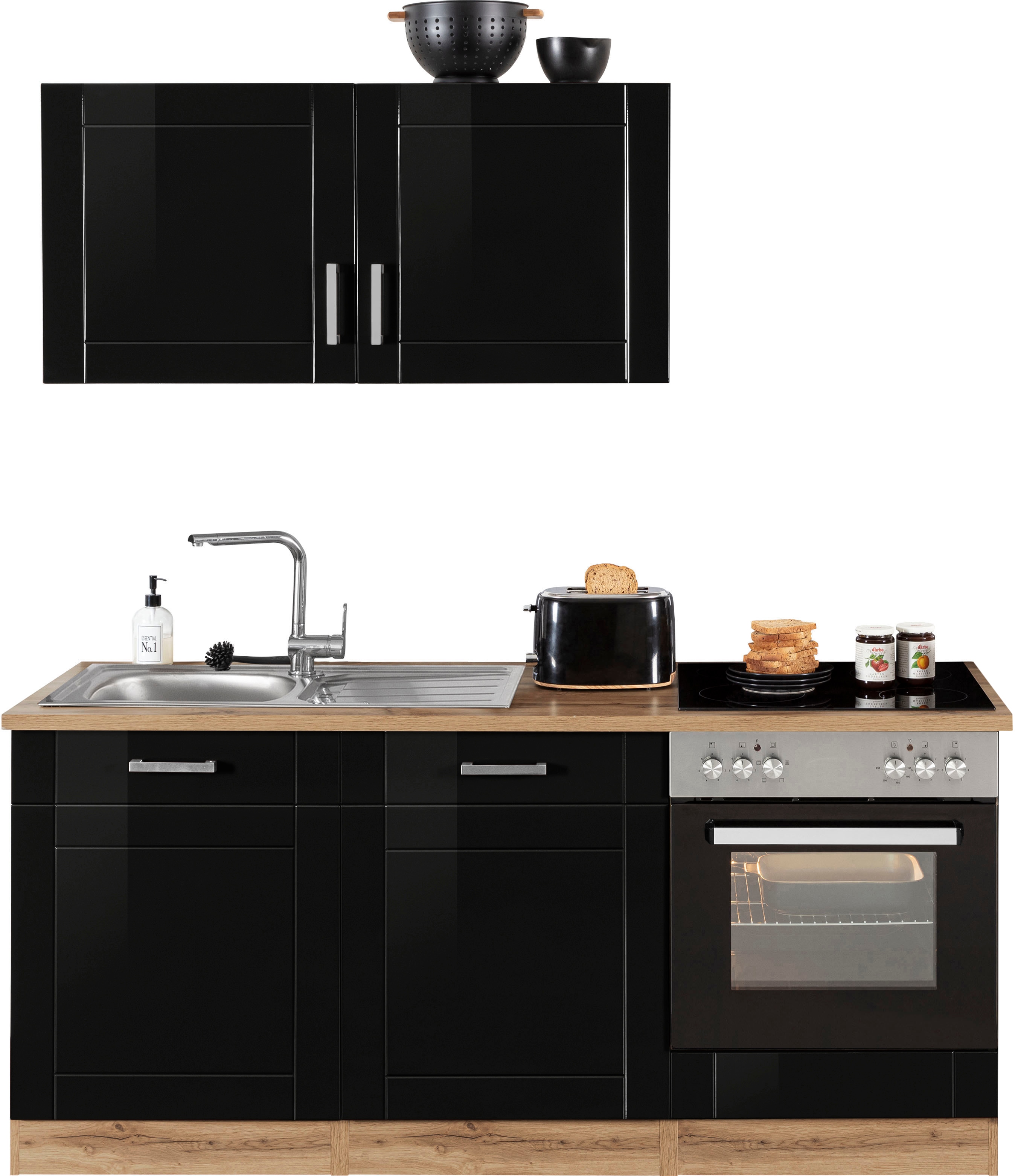 Küchenzeile KOCHSTATION "KS-Tinnum", schwarz (küche: schwarz, korpus: wotaneichefarben, arbeitsplatte: wotaneichefarben), B:180cm T:60cm, Komplettküchen-Sets, Küchenzeile, ohne E-Geräte, Breite 180 cm