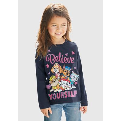 Langarmshirt PAW PATROL, Mädchen, Gr. 128/134, blau, Jersey, Obermaterial: 100% Baumwolle, bedruckt, casual, Basic hüftlang, Rundhals, Langarm abgesteppte Kante, Shirts, Schriftzug mit PAW PATROL Team Image