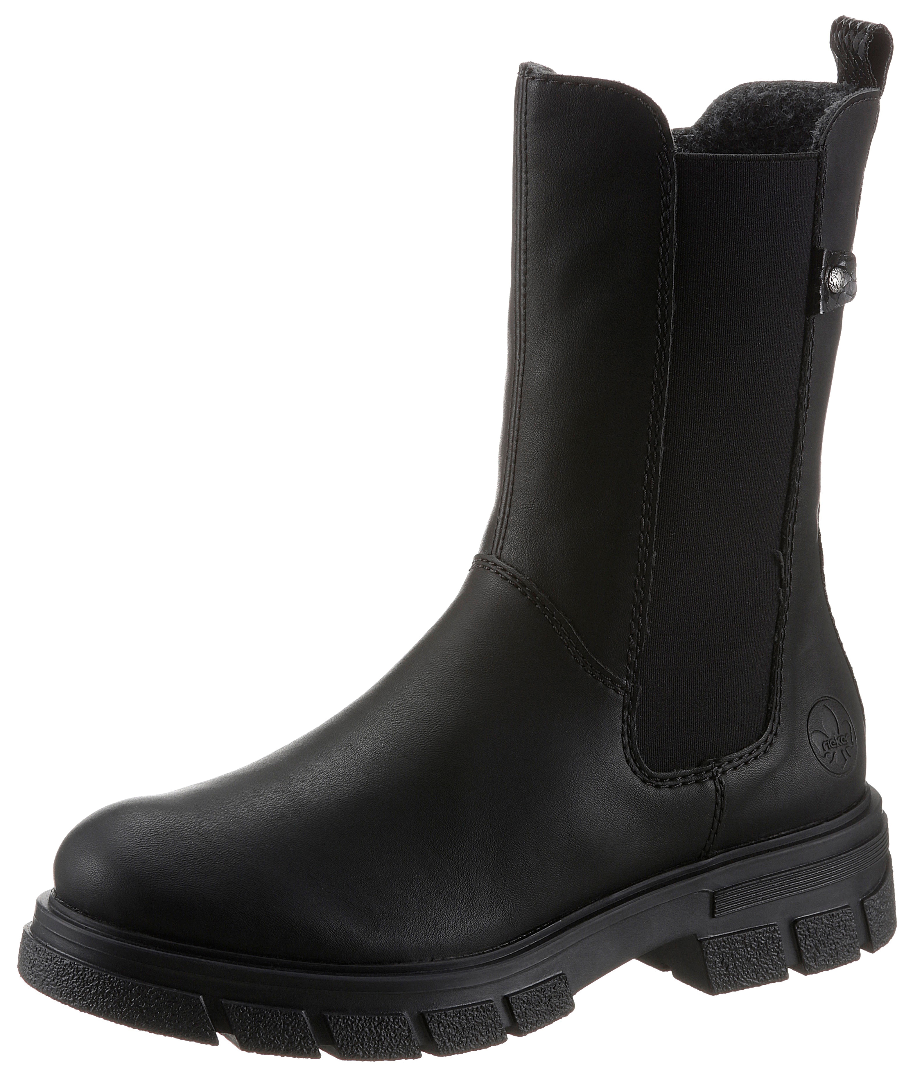 Chelseaboots RIEKER, Damen, Gr. 37, schwarz, Lederimitat, Klassisch, Schuhe, Stiefelette, Blockabsatz, Boots mit breitem Stretcheinsatz