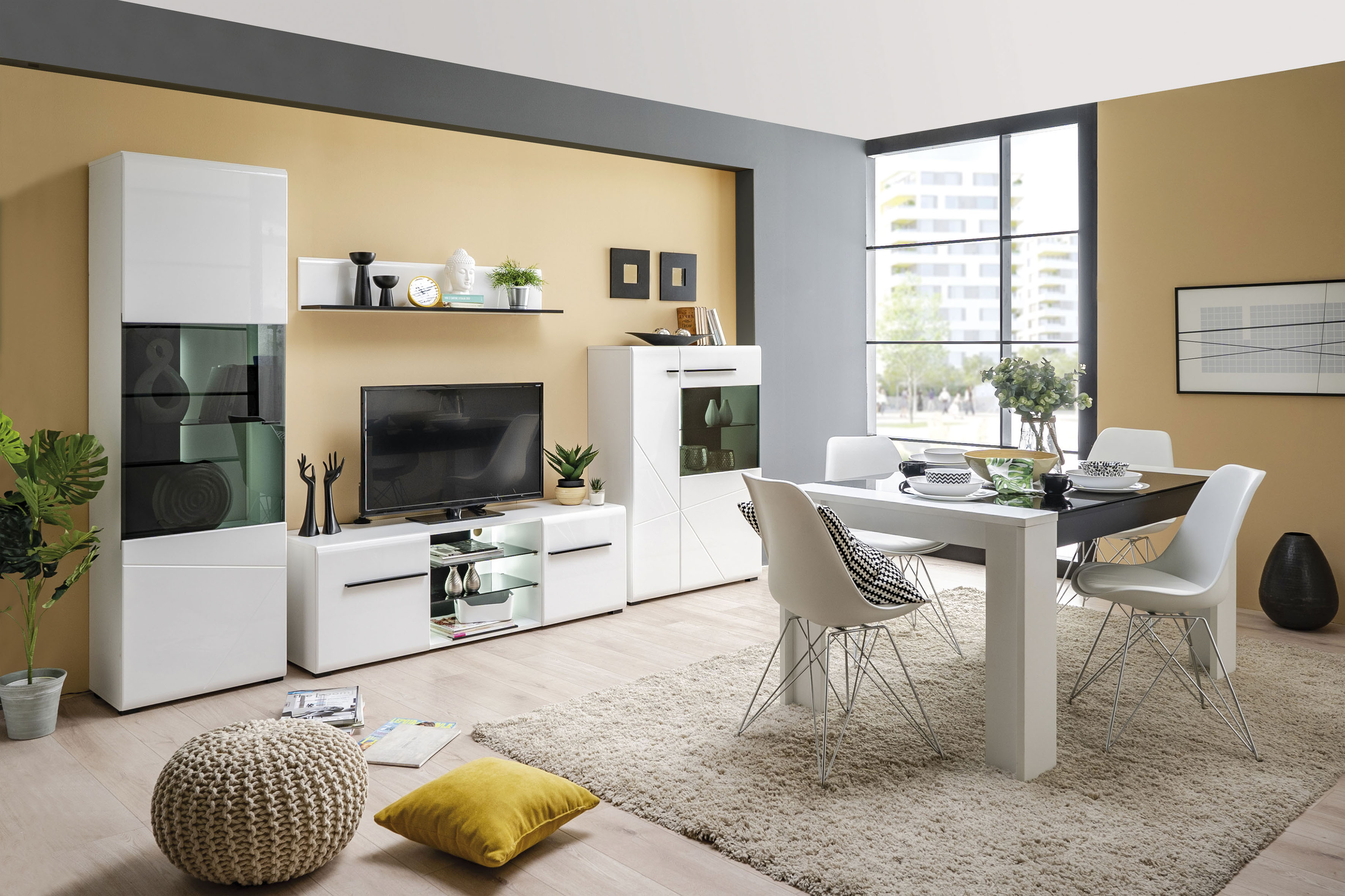 Wohnwand INOSIGN "Trentino", weiß (weiß hochglanz mit schwarzen absetzungen), Kastenmöbel-Sets, inkl. Vitrine, Lowboard, Highboard, Wandregal und Kommode