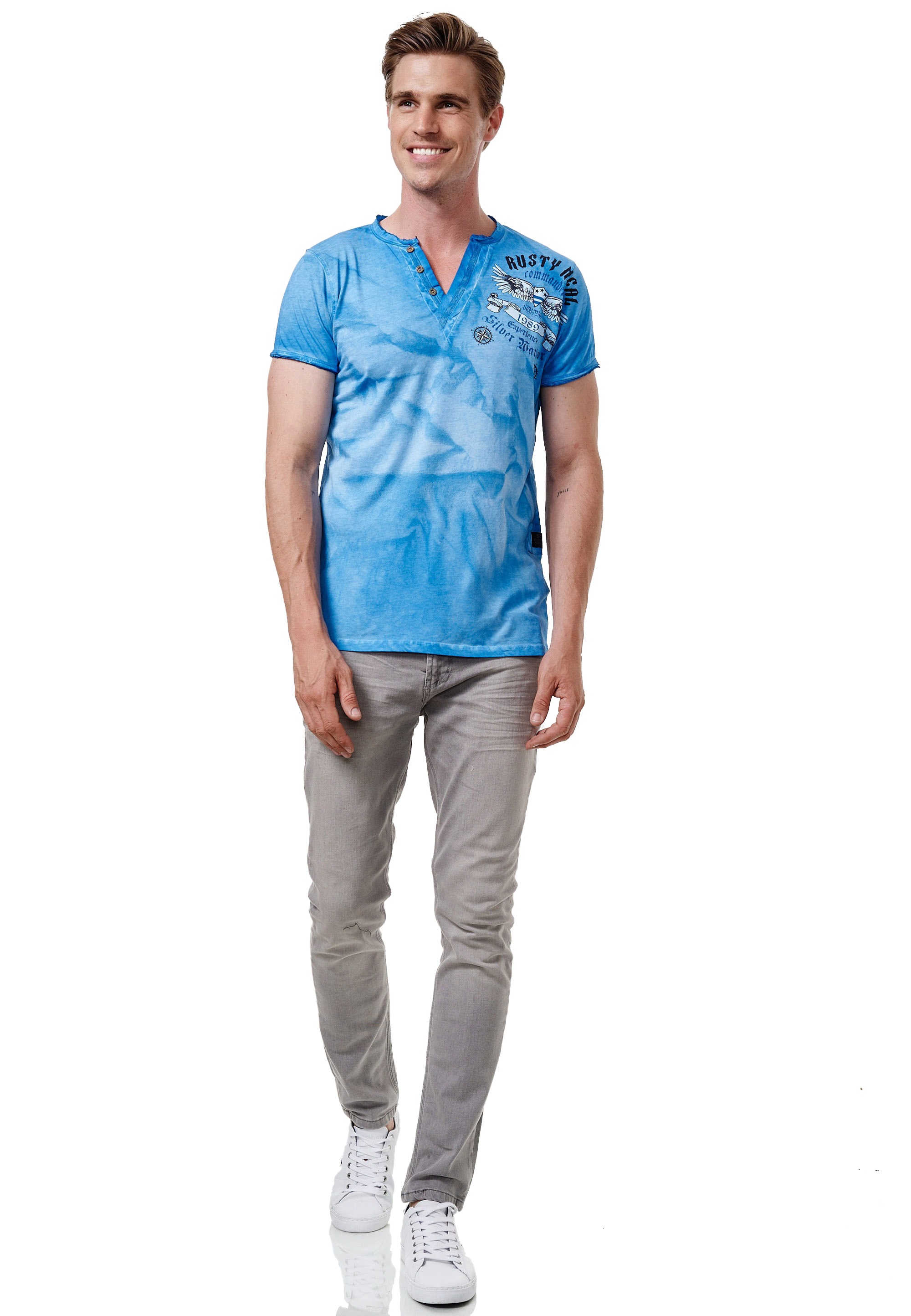 T-Shirt RUSTY NEAL, Herren, Gr. L, blau (petrol), 100% Baumwolle, bedruckt, normal, Rundhals, Shirts, mit großem Print auf der Rückseite Image