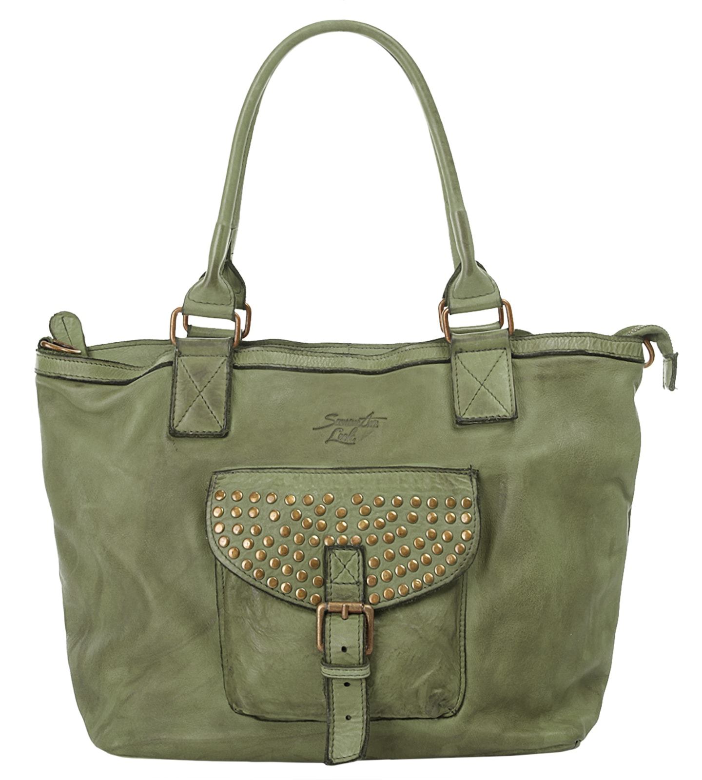 Shopper SAMANTHA LOOK, Damen, Gr. B/H/T: 40cm x 26cm x 14cm onesize, grün (mint), Leder, vintage, Taschen Shopper, echt Leder, Made in Italy