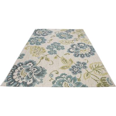 Teppich LUXOR LIVING "Lost Garden, Made in Belgium" Gr. 3, blau (blau, beige), B:123cm H:5mm L:180cm, Kunstfaser, Teppiche, Flachgewebe, Blumen Motiv, In- und Outdoor geeignet, Wohnzimmer Image