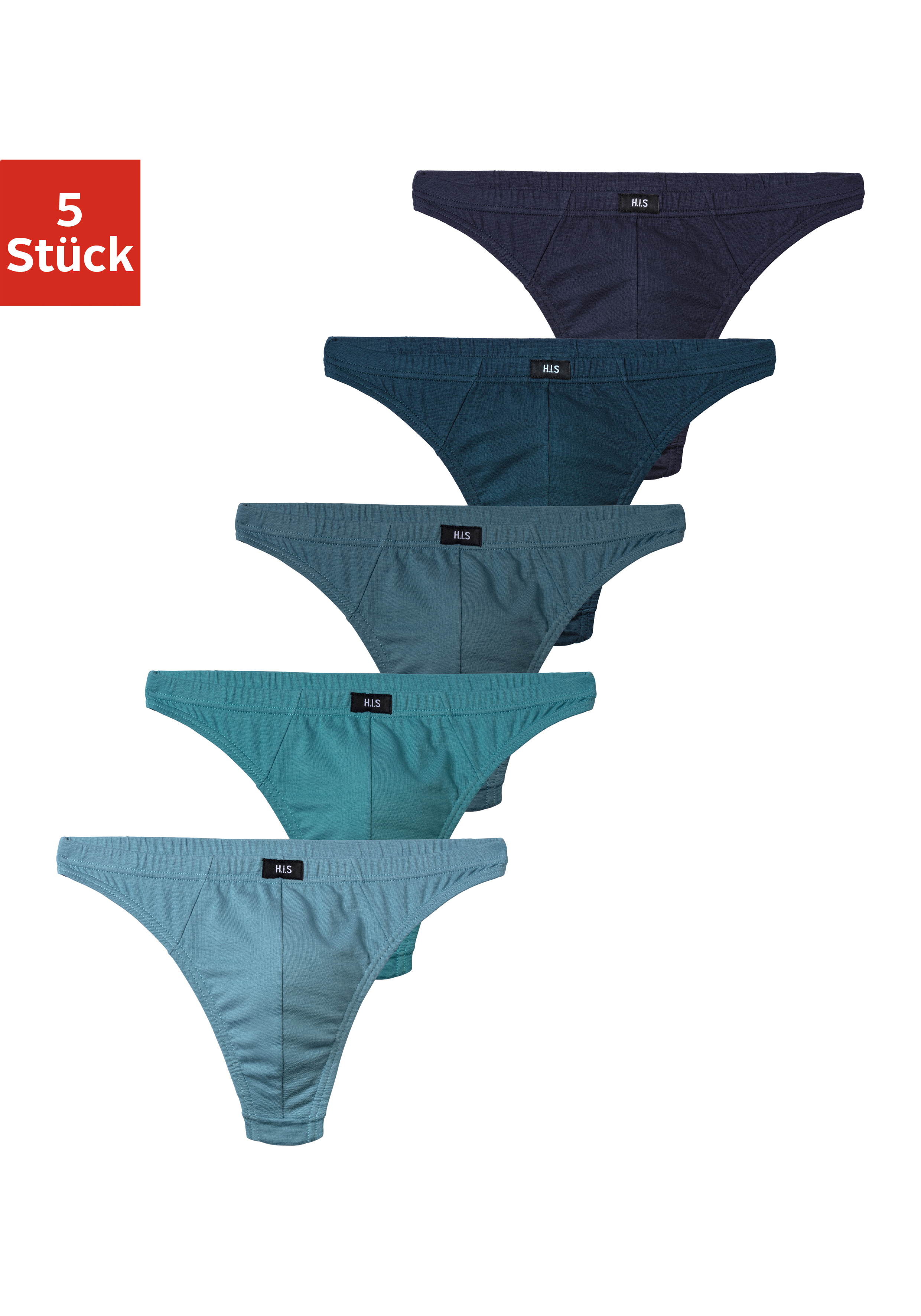 String H.I.S "Herren Unterhose", Damen, Gr. 5M, 5 Stk., blau (blau, hellblau, navy, petrol, dunkelpetrol), Jersey, Obermaterial: 95% Baumwolle, 5% Elasthan, unifarben, körpernah, Unterhosen String, in Baumwollstretch-Qualität