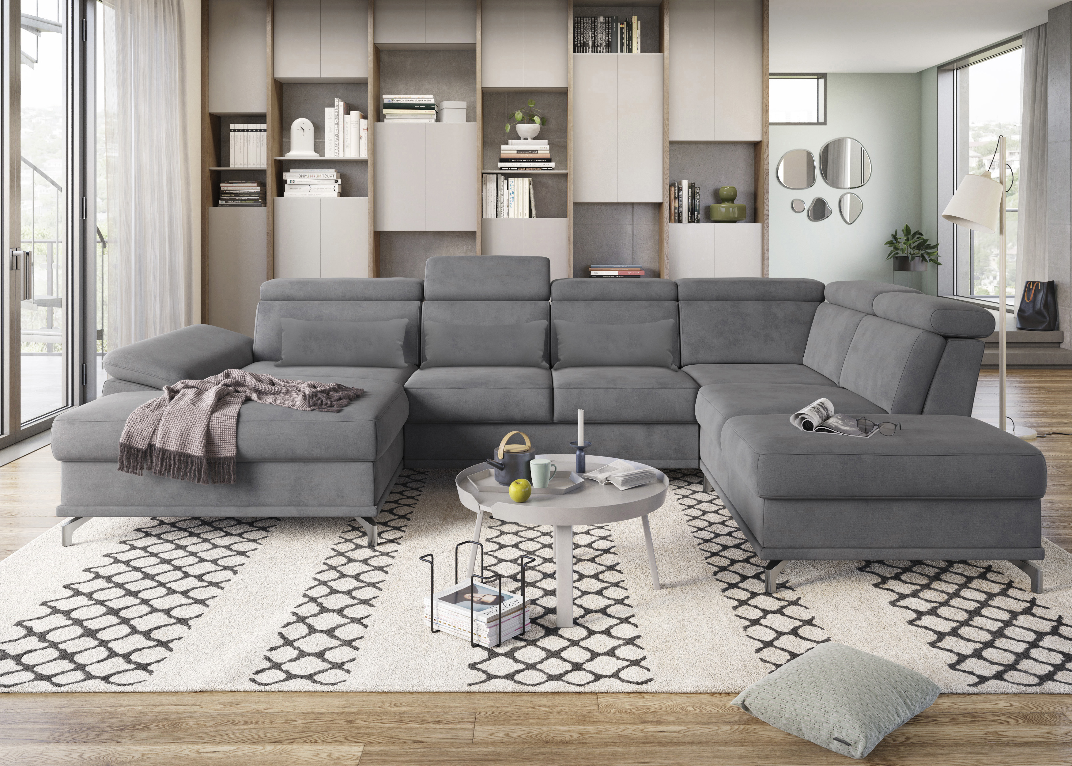 Wohnlandschaft SIT & MORE "Cabrio U-Form, B: 359 cm, mit Sitztiefen-, Arm- & Kopfteilverstellung", grau, B:359cm H:87cm T:230cm, 100% Polyester, Sofas, Wohnlandschaft, 3 Nierenkissen, Federkern, optional Bettfunktion und Stauraum
