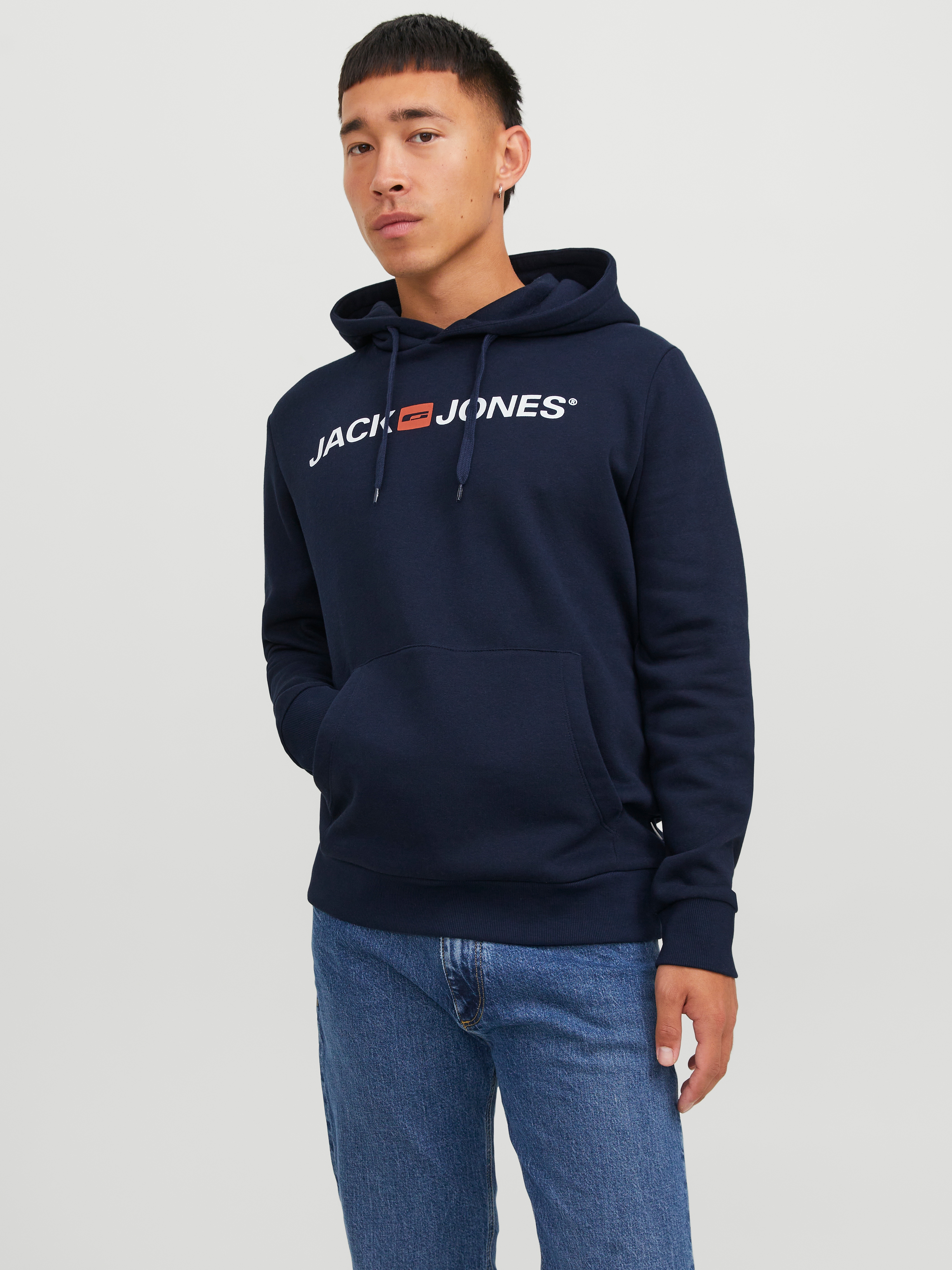 Kapuzensweatshirt JACK & JONES "JJECORP Hoodie mit Logo und hohem Tragekomfort", Herren, Gr. XL, blau (navy blazer), angeraute Sweatware, Obermaterial: 70% Baumwolle, 30% Polyester, bedruckt, normal normal, Rundhals, Rippbündchen, Sweatshirts,...