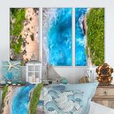 Highland Dunes Turquoise Tropical Beach Aerial View II - Nautical & Coastal Framed Canvas Wall Art Set Of 3 Canvas, in Blue/Brown/Green | Wayfair