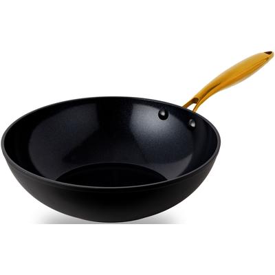 Wok HENSSLERS "HSN", schwarz, B:29cm H:8cm L:51cm Ø:28cm, Pfannen, BLACK CERAMIC Antihaftbeschichtung, goldener Edelstahlgriff, Induktion Image
