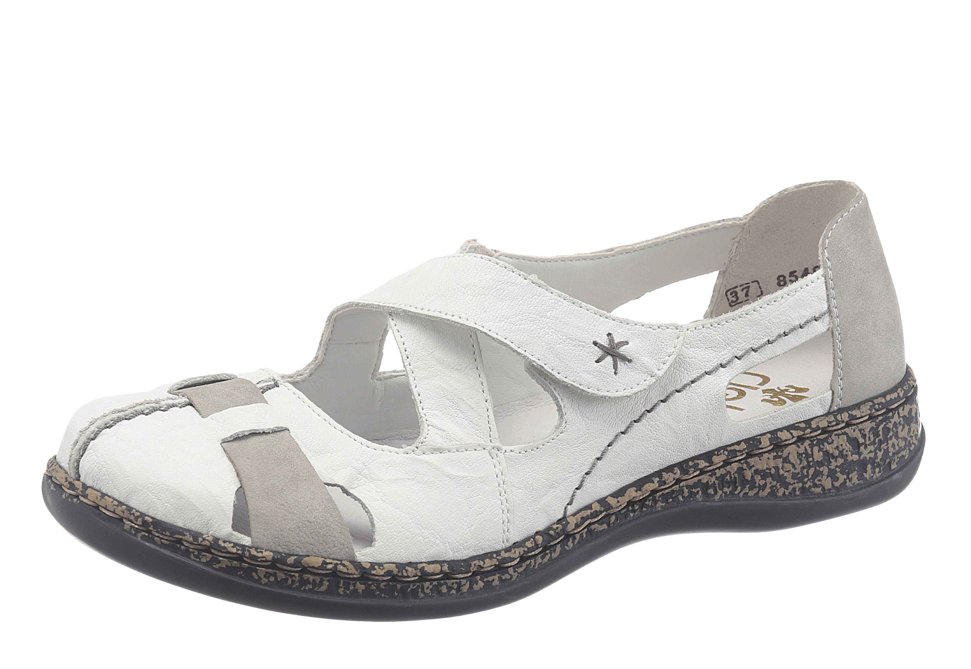 Slipper RIEKER, Damen, Gr. 36, grau (weiß, grau), Leder, Schuhe Slipper, Spangenschuh, Schlupfschuh, Komfortschuh mit Klettverschluss