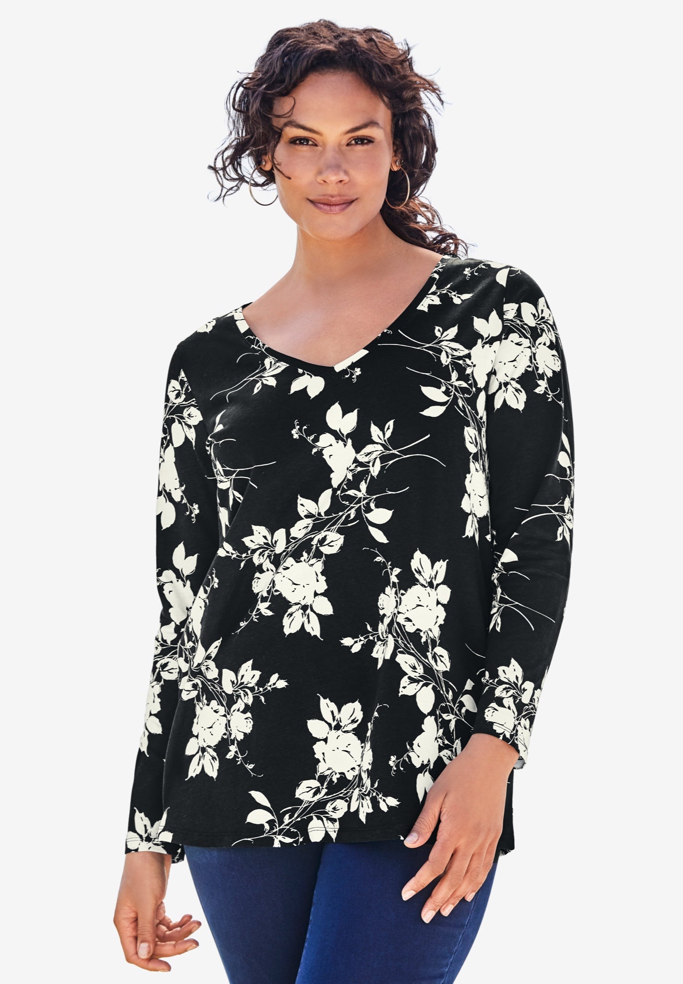 Plus Size Women's Ultimate Long Sleeve V Neck Tee by Roaman's in Black Ivory Floral (Size 38/40) Shirt