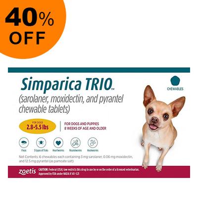 Simparica Trio For Dogs 2.8-5.5 Lbs (Gold) 3 Doses - Get 40% Off Today