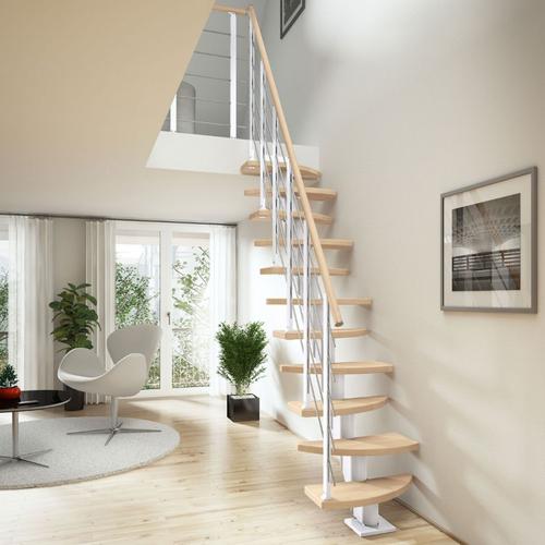 DOLLE Mittelholmtreppe Berlin, inkl. einseitigem Designgeländer, Design (weiß), 259 cm – 315 cm,Eiche weiß, geölt