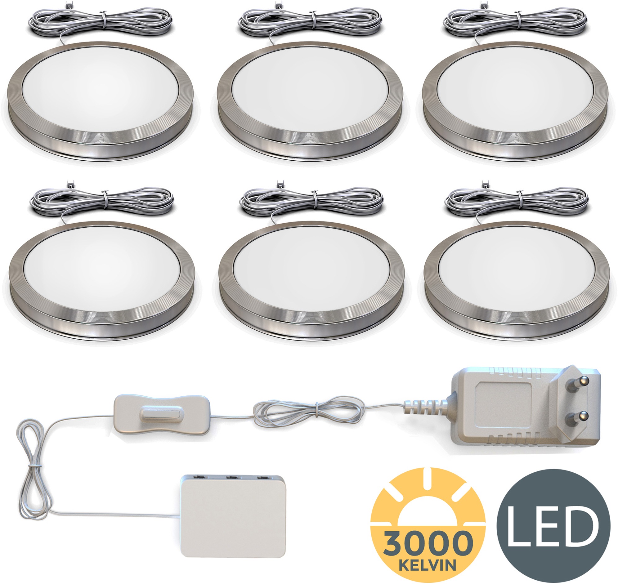 B.K.LICHT Unterschrankleuchte, grau (aluminiumfarben), 6, Ø 5,9cm H: 0,95cm, Leuchten, Schranklicht, Unterbauleuchte, flach, Aufputz-Strahler, Spots, 6er SET Image