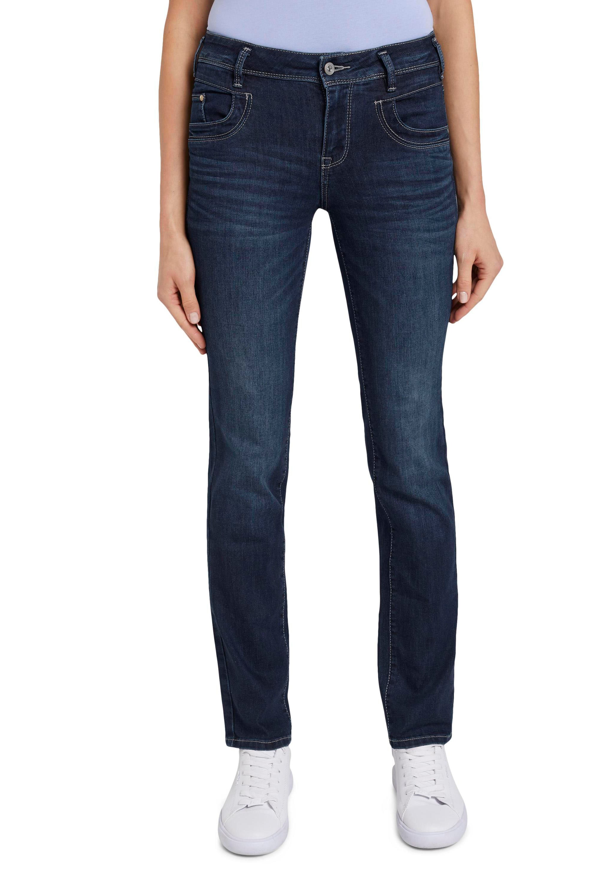 Gerade Jeans TOM TAILOR "Alexa Straight", Damen, Gr. 29, Länge 30, blau (schwarz stone washed), Denim/Jeans, Obermaterial: 69% Baumwolle, 20% Polyester, 9% Viskose, 2% Elasthan, bequem lang, Jeans, mit Kontrastnähten, Topseller Image