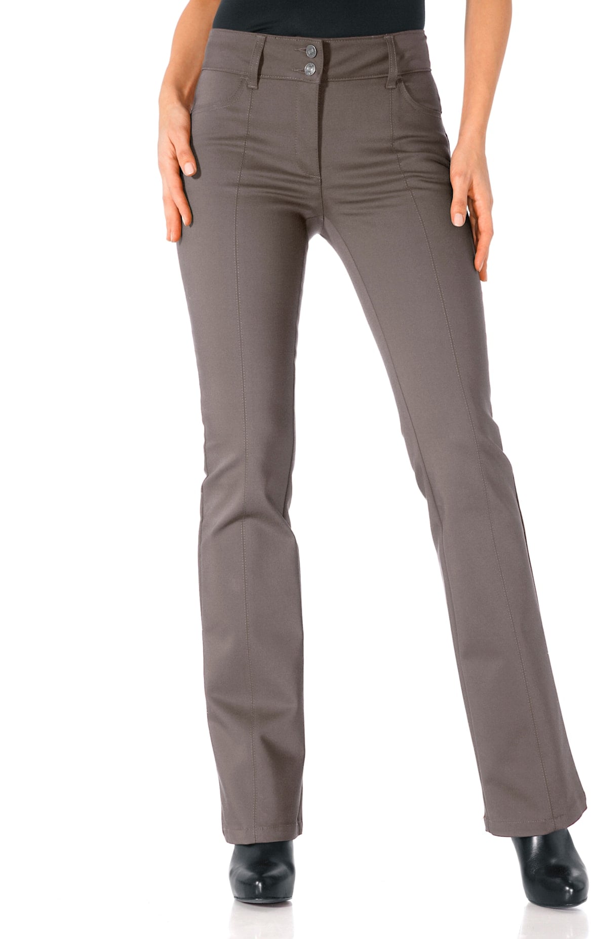 Bootcuthose HEINE, Damen, Gr. 38, Normalgrößen, grau (taupe), 48% Baumwolle, 45% Polyester, 7% Elasthan, Miedereinsatz:15% Elasthan, 85% Polyamid, unifarben, lang, Hosen, Topseller Image