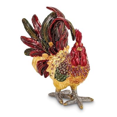 Curata Pewter Bejeweled Crystals Gold-Tone Enameled Rory Strutting Rooster Trinket Box on 18 Inch Necklace