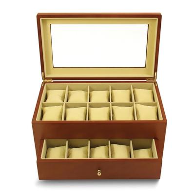 Curata Matte Cherry Finish Glass Lid 1-Drawer Velour Lined Wooden 20-Watch Box