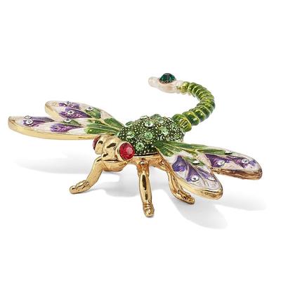 Curata Pewter Bejeweled Crystals Gold-Tone Enameled Dewey Green Dragonfly Trinket Box on 18 Inch Necklace