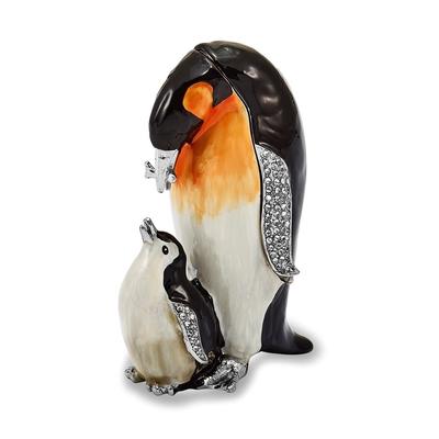 Curata Pewter Crystals Silver-Tone Enameled Hero & Harper Emperor Penguin & Baby Trinket Box on 18 Inch Necklace