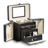 Curata Black Lizard Textured Leather with Mirror Swing-Out Sides 3-Drawer Jewelry Case