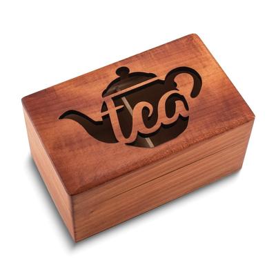 Curata Tea with Cut Out Pot Handmade Carved 2 Compartment Wooden Box