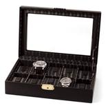 Curata Black Leather Glass Lid Fabric-Lined Locking 10-Watch Case