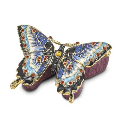 Curata Pewter Bejeweled Crystals Gold-Tone Enameled Jeannie Blue Butterfly Trinket Box on 18 Inch Necklace