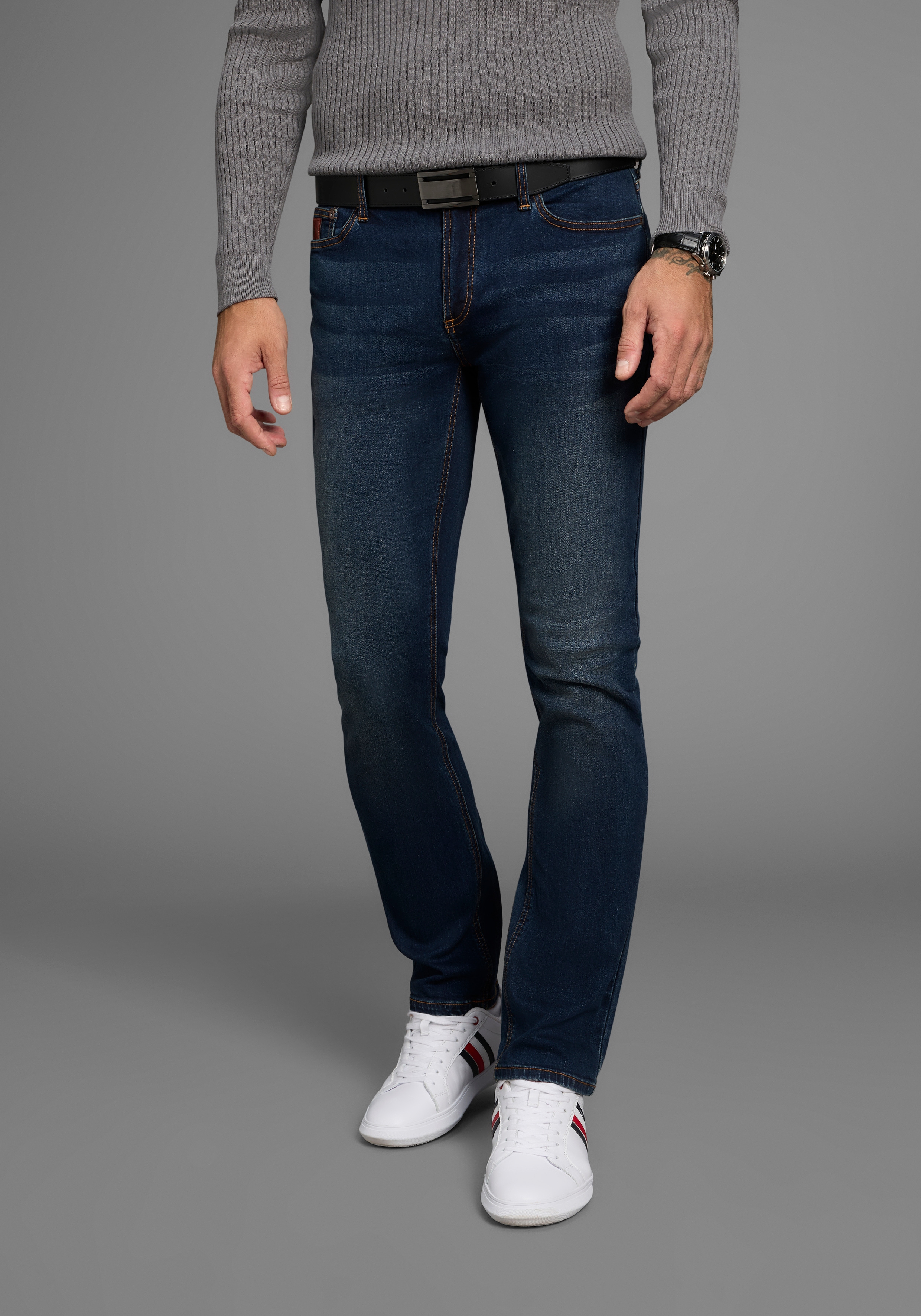 Straight-Jeans BRUNO BANANI "Hutch", Herren, Gr. 36, Länge 36, blau (dunkelblau), Denim/Jeans, Obermaterial: 98% Baumwolle, 2% Elasthan, normal lang, Jeans Straight-Jeans, gerade geschnittenes Bein, niedrige Leibhöhe, reguläre Passform, Topseller