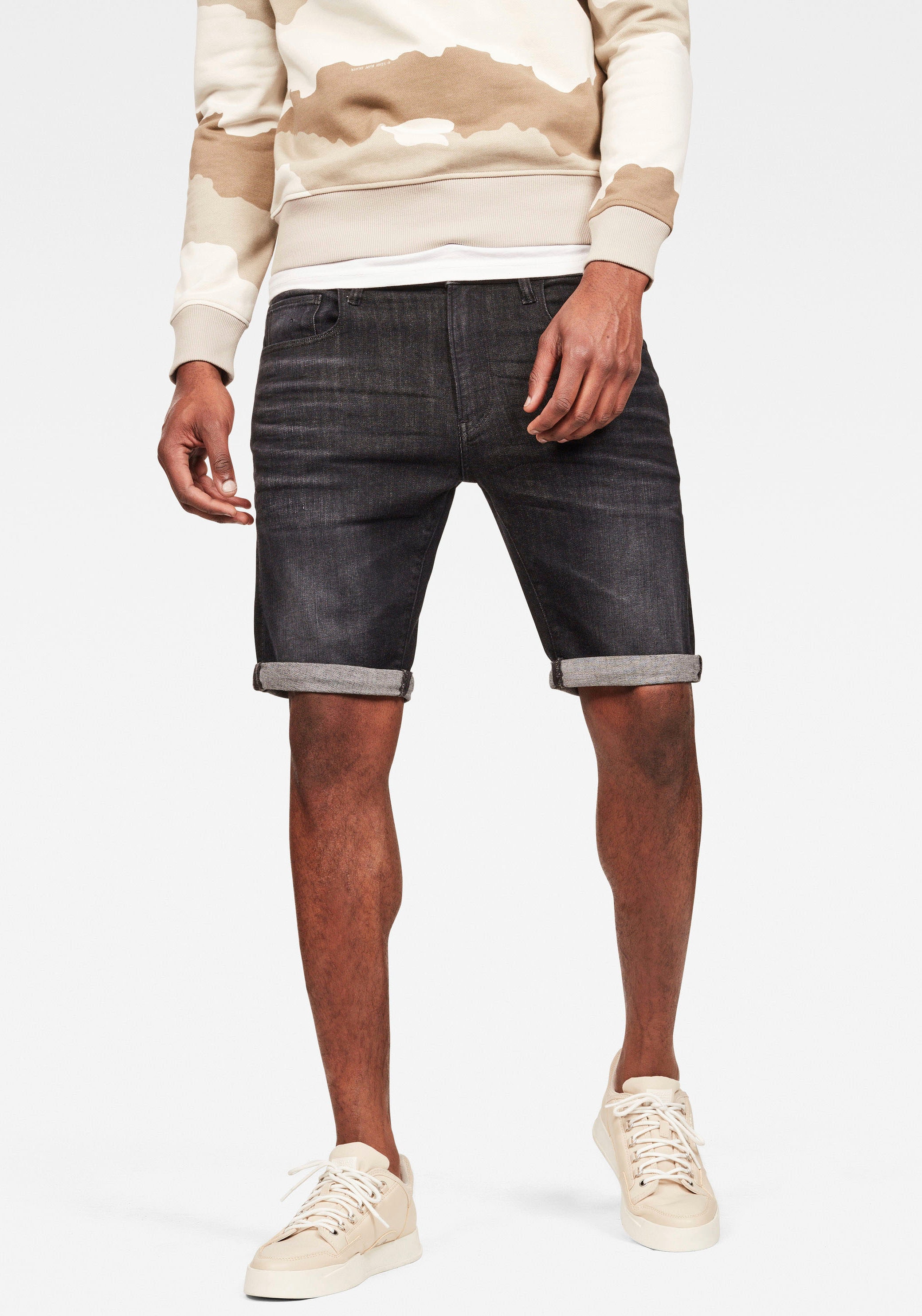Shorts G-STAR "3301 Slim 1/2", Herren, Gr. 31, N-Gr, grau, Denim/Jeans, Obermaterial: 97% Baumwolle, 3% Elasthan, Abriebeffekte, schmal kniefrei, Hosen Image