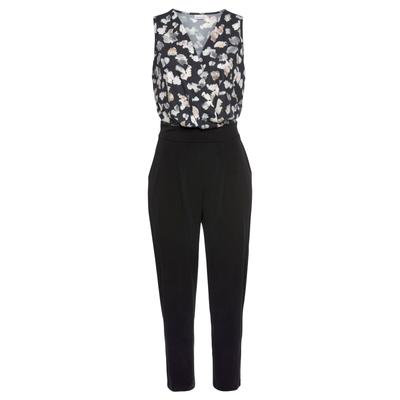 Overall LASCANA, Damen, Gr. 40, N-Gr, schwarz-weiß (schwarz, beige, bedruckt), Cru00eape, Obermaterial: 95% Polyester, 5% Elasthan, bedruckt, modisch, figurumspielend 7/8-Länge, V-Ausschnitt, ohne Ärmel, Overalls Jumpsuit, mit bedrucktem Oberteil