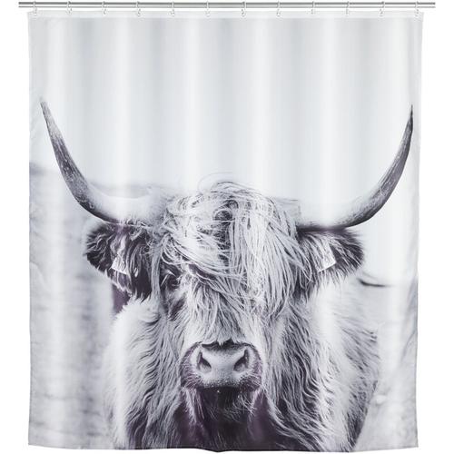 Duschvorhang Yak, Textil (Polyester), 180 x 200 cm, waschbar, Weiß, Polyester weiß schwarz – weiß